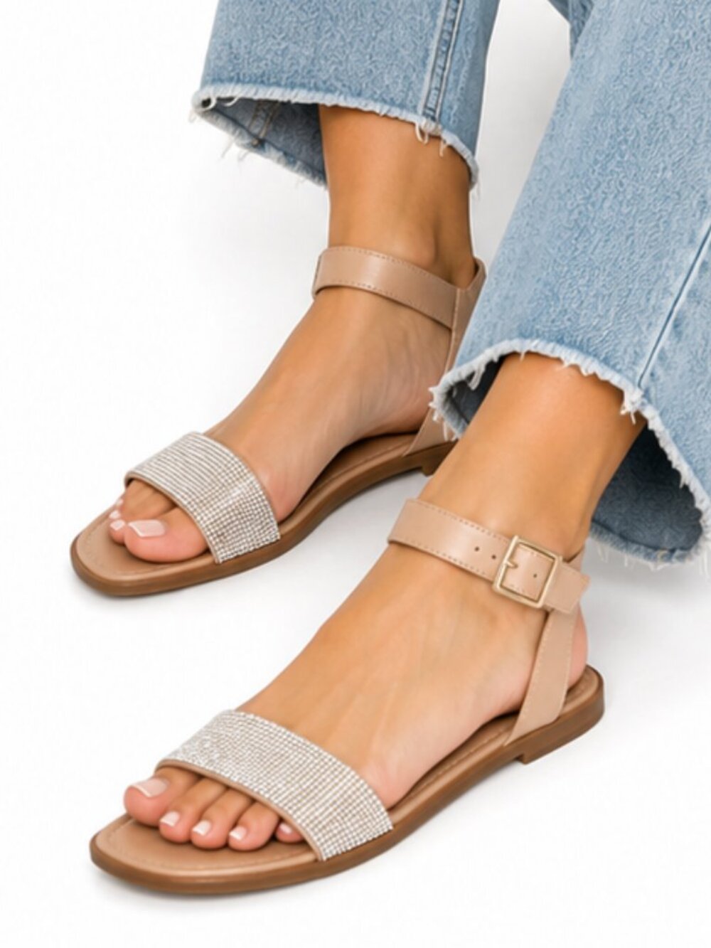 Steve Madden Deniza Rhinestone Flat Sandals Nude Blush Size 7.5M Ankle Strap